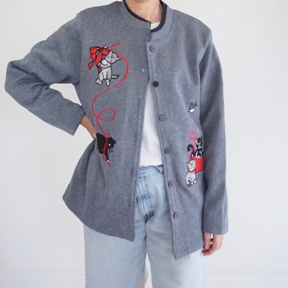 Sweaters - Vintage Blair Gray Cardigan Cats Yarn Holiday Cabincore Grandmacore Festive M